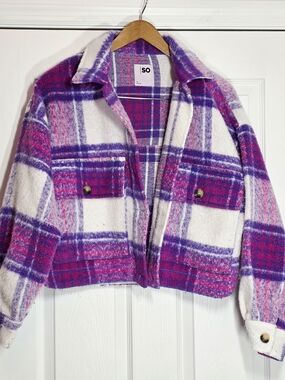 Womens SO Shacket Purple Plaid  Cropped Jacket Size Medium